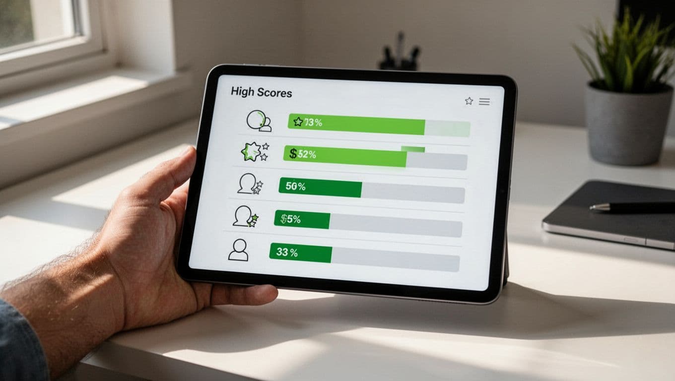 Illustrated scorecard for security candidate assessment displayed on a digital tablet held by an interviewer, featuring categories like communication and stakeholder management with 1-5 rating scales, checkmarks, and green accents in a clean modern style.