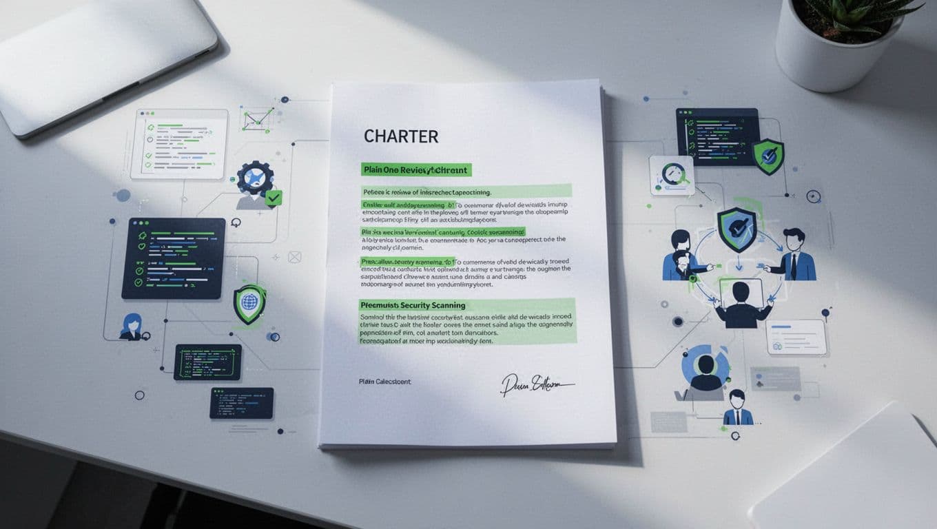 Modern top-down illustration of a simple charter document on a desk with highlighted sections for responsibilities and goals, surrounded by icons of code review checklist, vulnerability scan report, and team handshake in green accents on blues and whites.