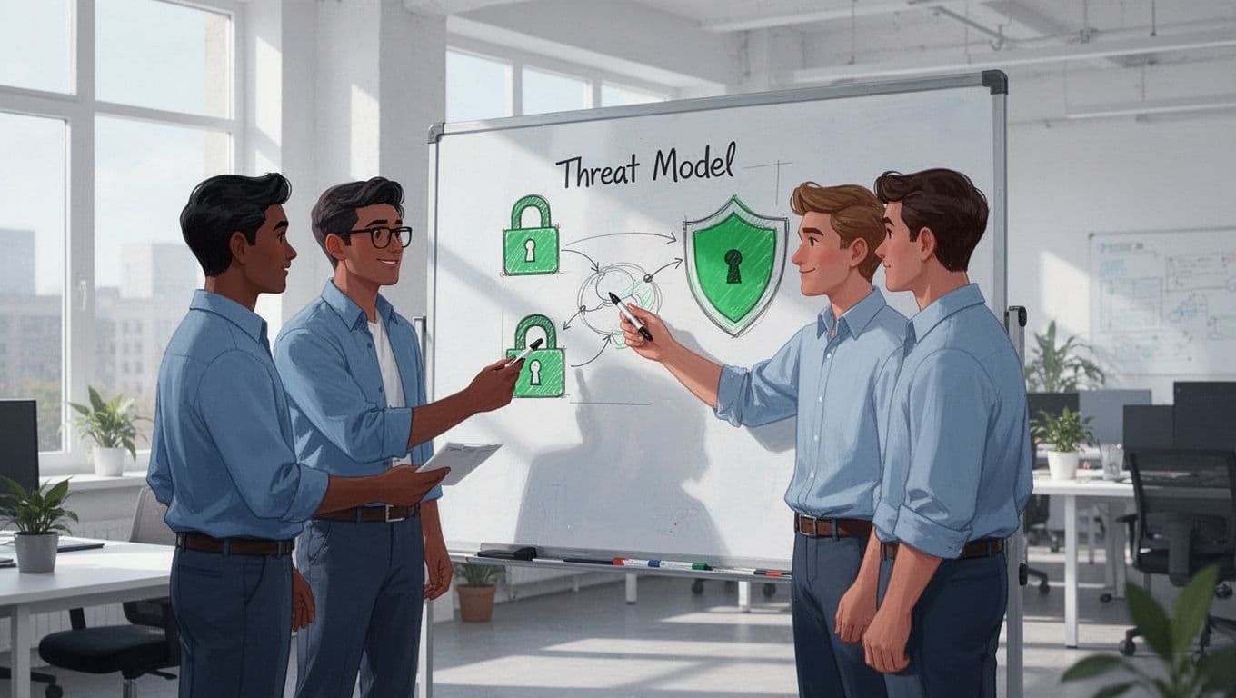 Modern illustration of three developers in a bright open office gathered around a whiteboard with green security icons and threat model sketch.