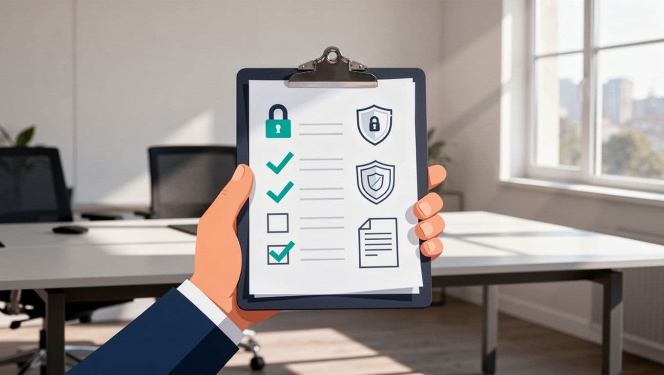 Hand holds clipboard with checklist, green checkmarks, and security icons like locks and shields in office setting.