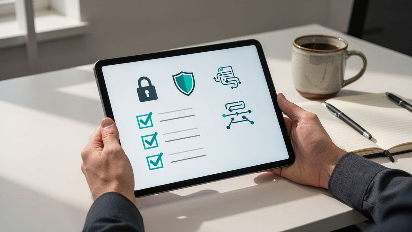 Modern illustration of a checklist with security icons like lock, shield, and data flow on a digital tablet held by a hand, against an office desk background with coffee mug and notebook. Clean shapes, strong composition using #22C55E for checkmarks and accents, focused on the tablet with partially visible hand.