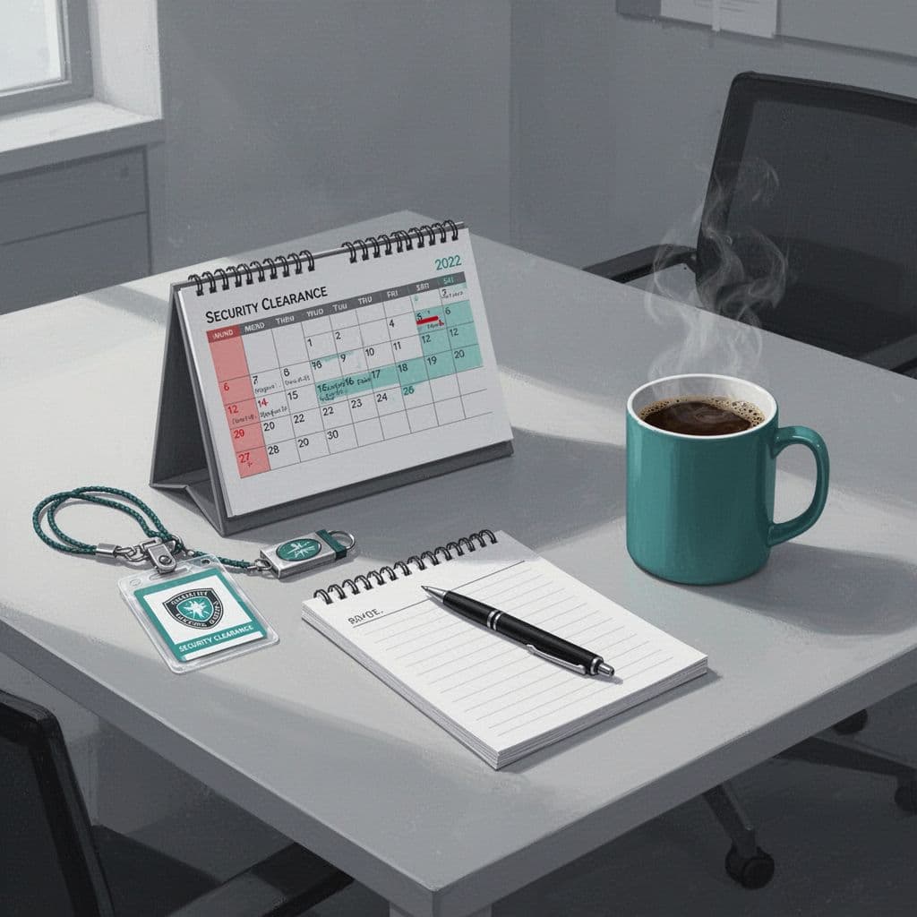 Clean illustration of an office desk with open calendar marked interview date one week ago, security clearance badge, notepad, pen, and steaming coffee mug, symbolizing patient wait during security hiring process.
