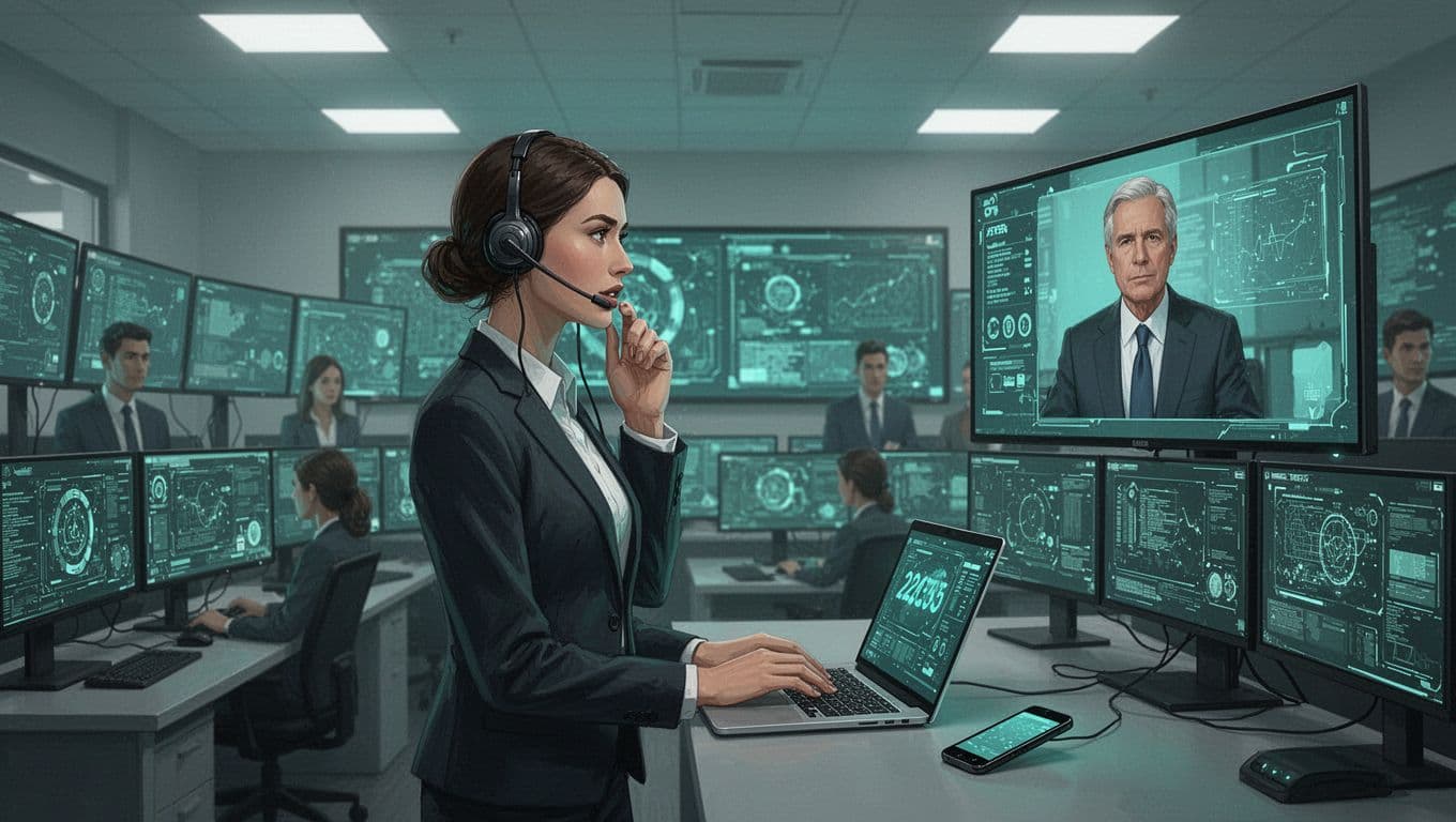 Central figure with headset coordinates on laptop and phone in incident response room, executive on screen, subtle team behind.