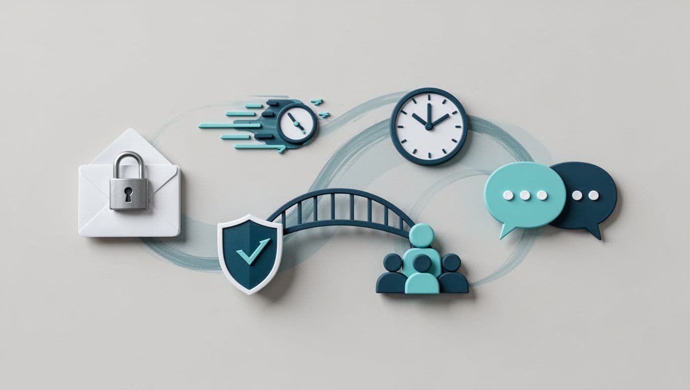 Symbolic icons of locked message, fast clock, shield-to-audience bridge, and speech bubbles arranged dynamically on neutral background.