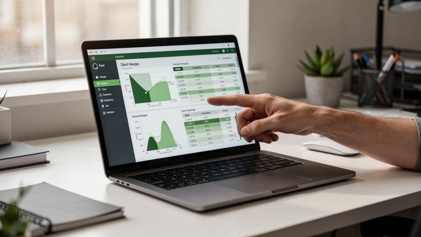 Modern illustration of a laptop screen on a clean office desk displaying a security control owner register table with columns like Control ID, Description, Owner Name, and Status, featuring relaxed pointing hand and green accents.