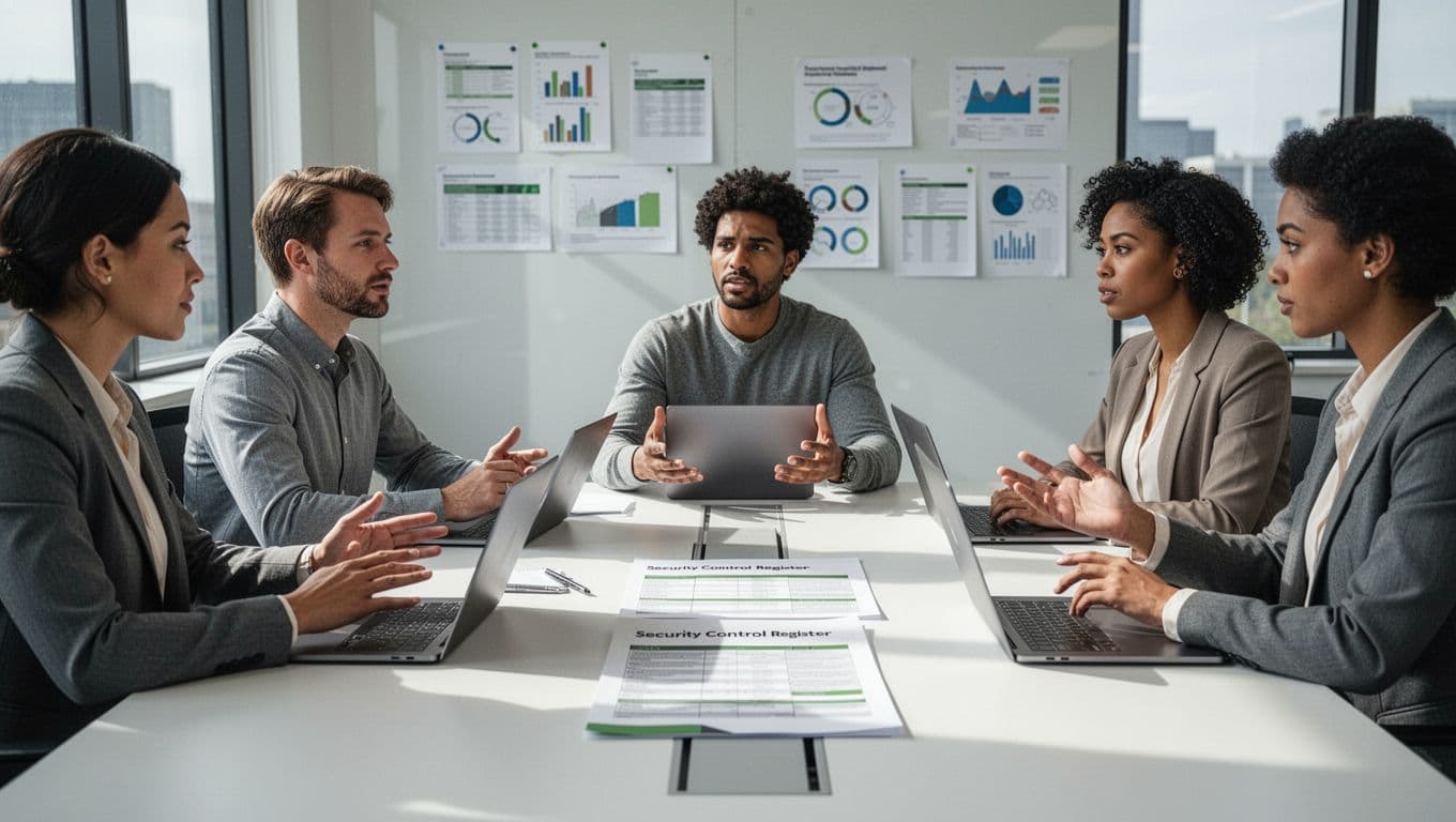 Modern illustration of a small team of four diverse professionals meeting around a table, reviewing a security control register document in an office conference room with charts and laptops.