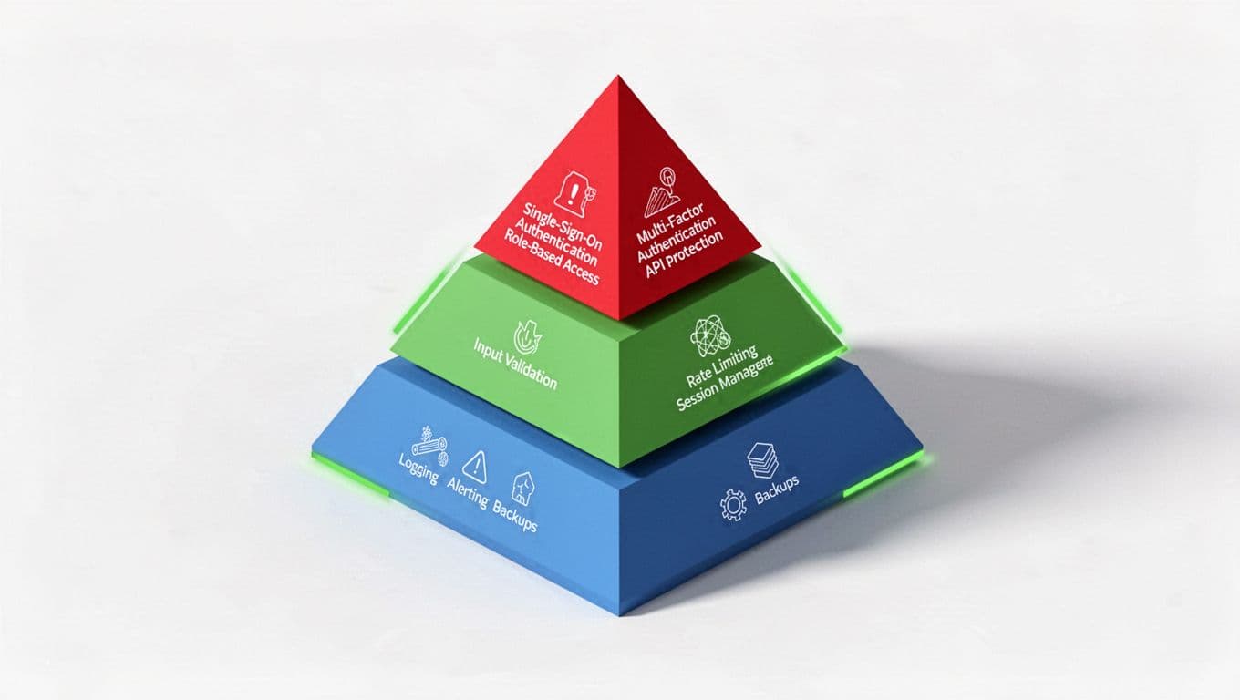 Isometric pyramid with blue base layer for logging alerting backups, green middle for input validation rate limiting session management, red top for SSO MFA RBAC API auth.