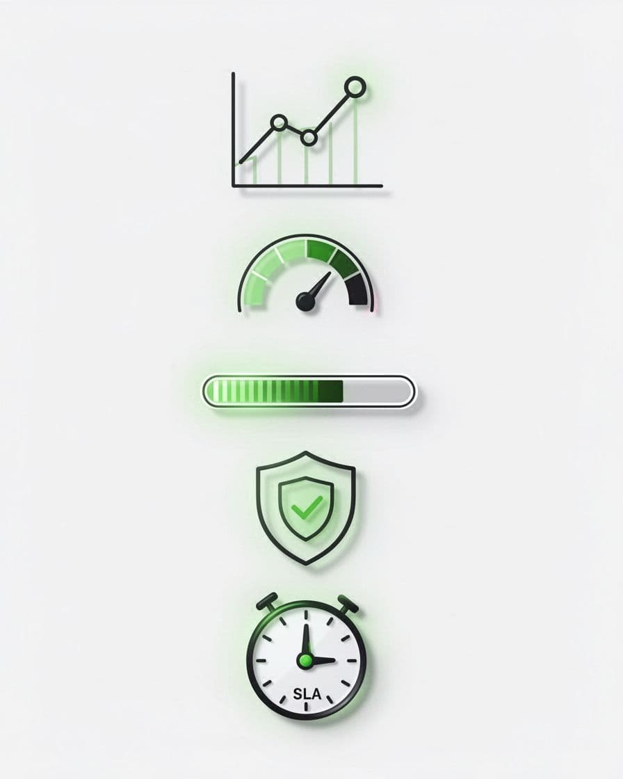 Five vector icons in vertical checklist: trend graph, risk dial, progress bar, shield, SLA clock on white background.