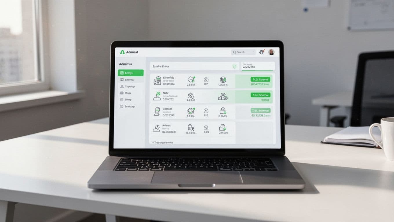 Laptop on clean office desk displays security dashboard with admin users list, external domains highlighted in green.