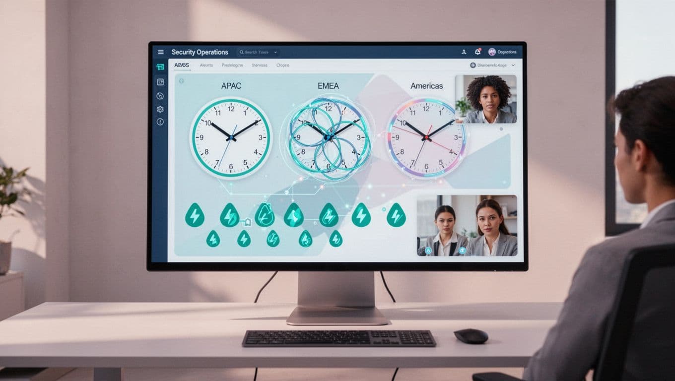 Large screen displays security dashboard with world clocks showing APAC, EMEA, Americas overlaps, green alerts, and video call with two analysts.