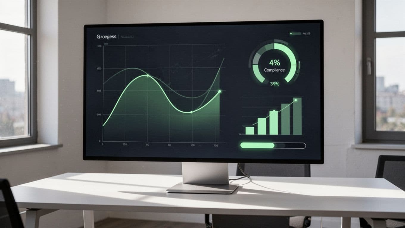 Large monitor on office desk shows dashboard charts: downward line trend, high compliance gauge, decreasing risk bars, remediation progress bar.