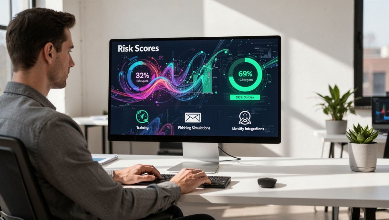 Modern illustration of a security analyst focused on a computer screen displaying a dashboard with colorful risk score charts, training icons, phishing simulations, and integrations with email and identity systems in a bright office.