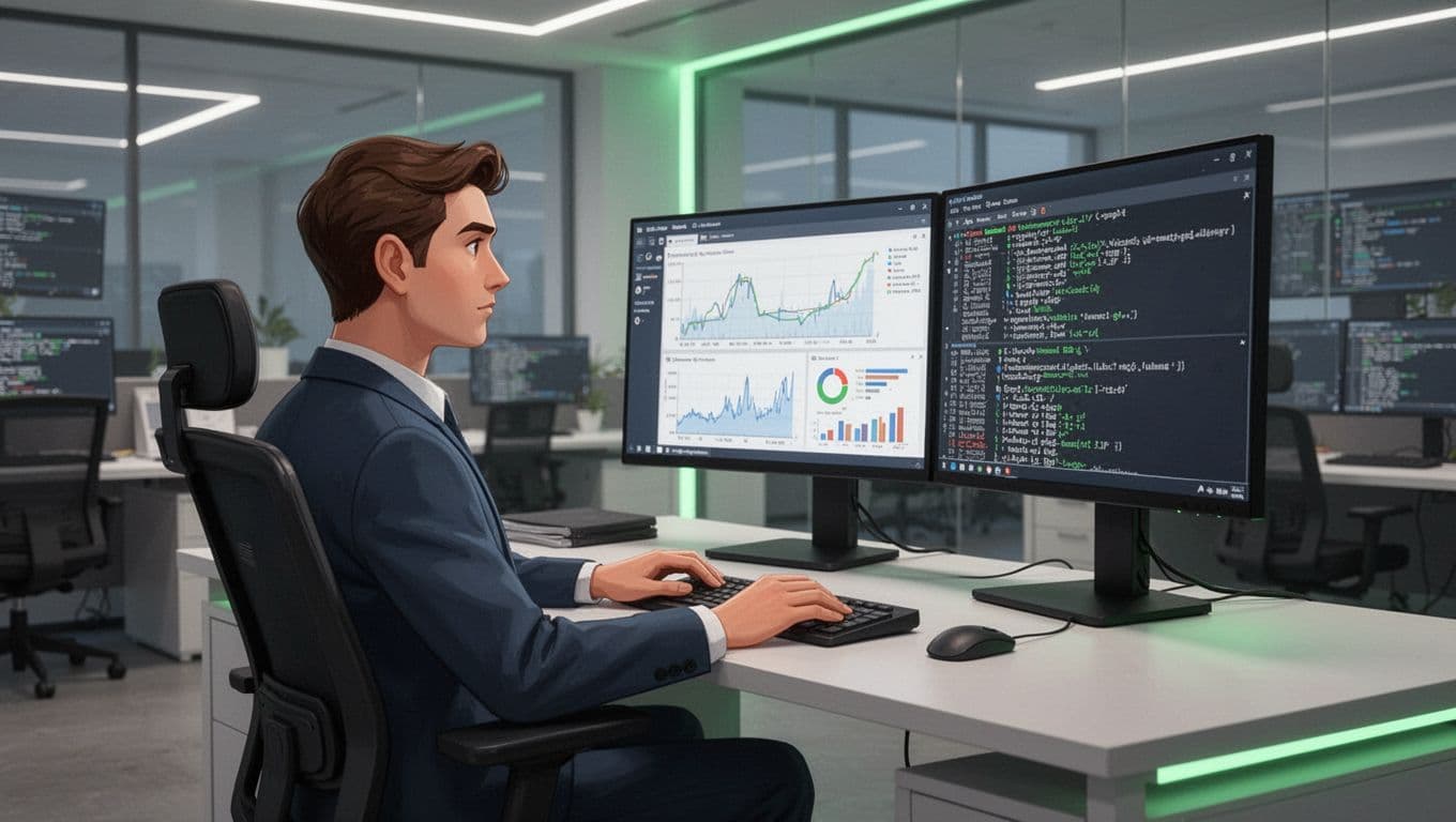 Modern illustration of a security data analyst at a desk in a SOC office, viewing dual monitors with security dashboards, logs, and charts.