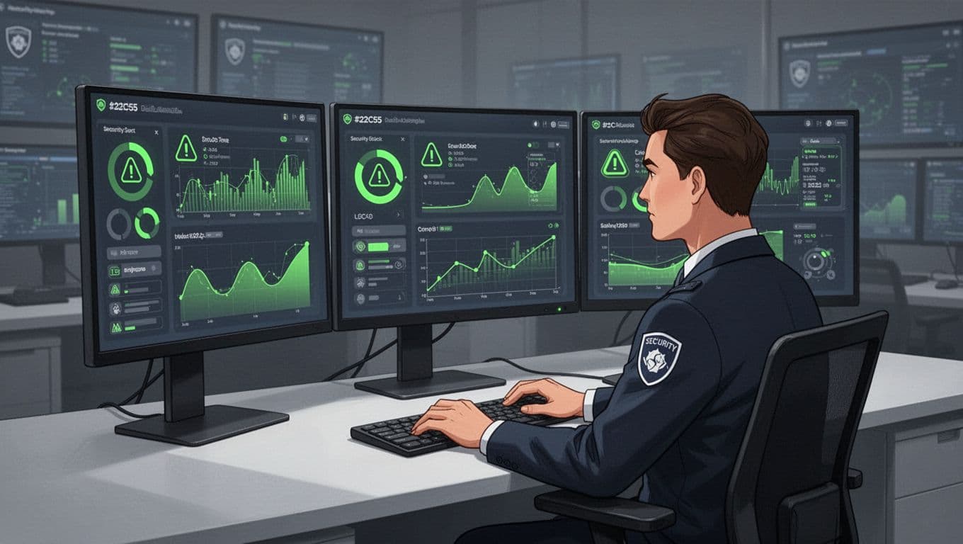 A focused security data analyst seated at a desk with three monitors displaying abstract dashboards, graphs, and alert icons in a modern security operations center.