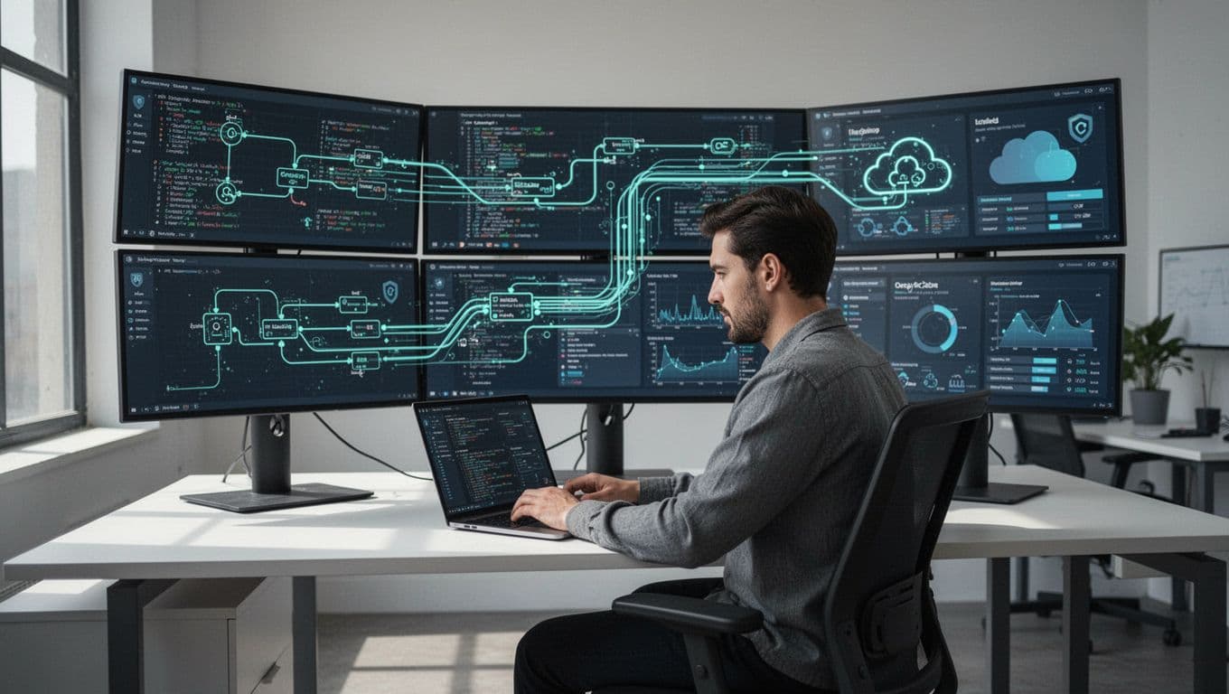 Security data engineer at desk with multiple screens showing data pipelines, SIEM dashboards, and cloud icons.