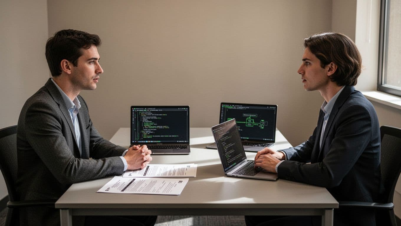 Hiring manager interviews candidate at table with resumes and laptops showing ETL diagrams in neutral room.