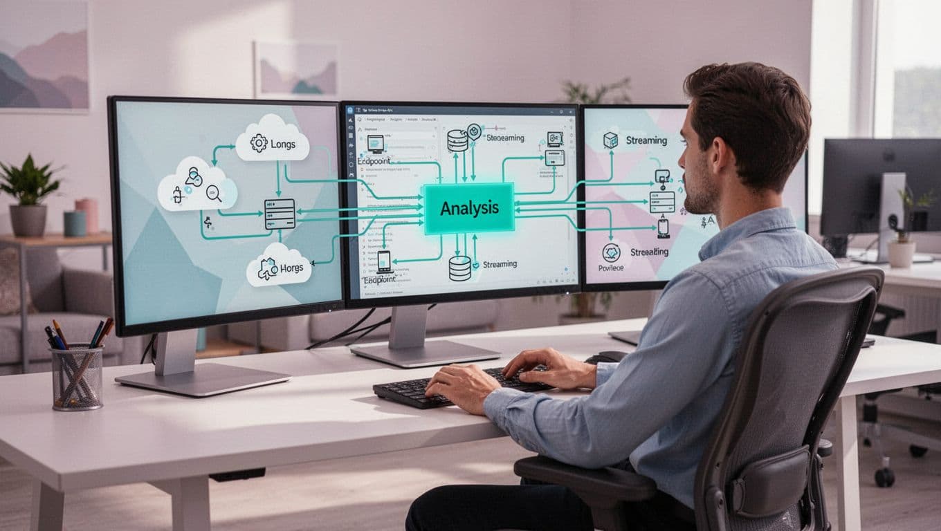 Security data engineer at desk views dual monitors showing pipeline diagram with logs flowing from clouds via Kafka to SIEM.