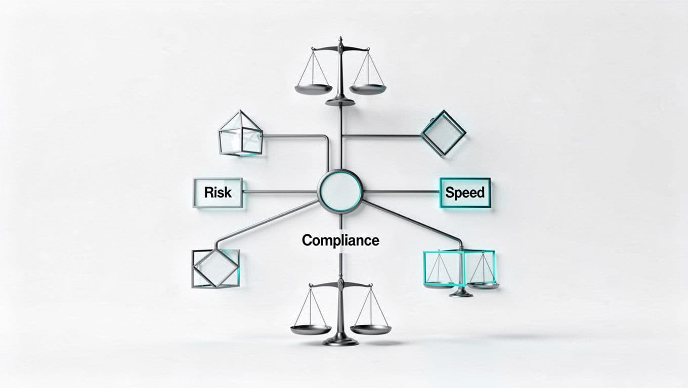 Modern illustration of a branching decision tree for security choices, splitting into high risk, compliance, and business speed paths leading to balanced outcomes.