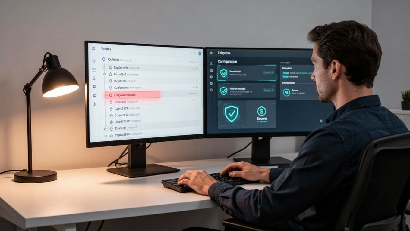 Security engineer at desk reviews route list with red-highlighted endpoint and auth settings on dual monitors.