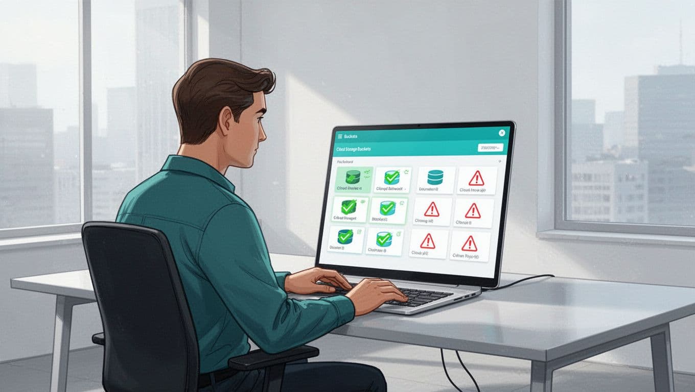 Security engineer at desk views laptop dashboard of cloud storage buckets with green private checks and red public warnings.