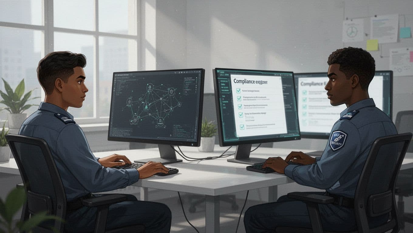 Two diverse security professionals at desks in open startup office, one at monitor with network diagram, other with blurred checklist.