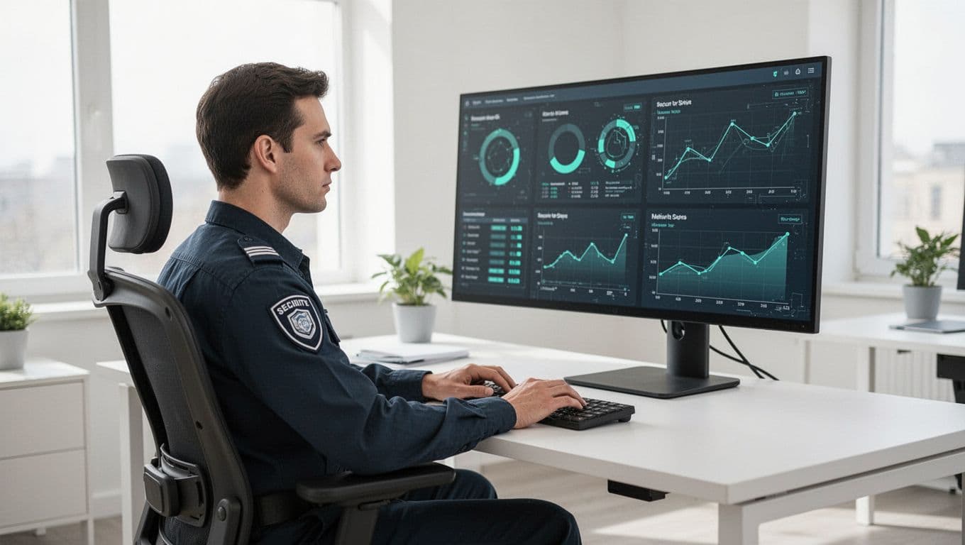Security engineer at ergonomic desk views large monitor with security metrics dashboard, graphs, and scan results in bright office.
