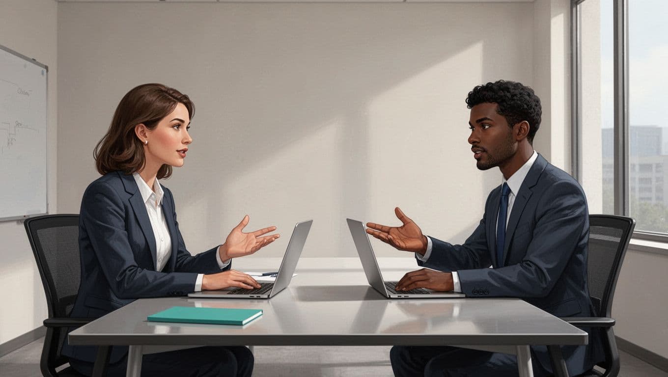 Modern illustration of a hiring manager interviewing a security engineer candidate across a table in a contemporary office, with the candidate using a relaxed hand gesture to explain a security concept beside a nearby angled laptop screen during an engaged discussion.