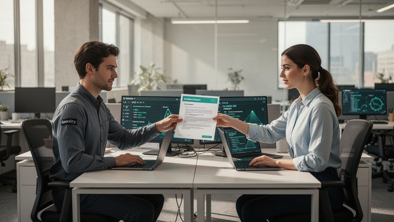 Security engineer hands incident report to four diverse engineering and legal team members in shared workspace with open laptops showing alerts.