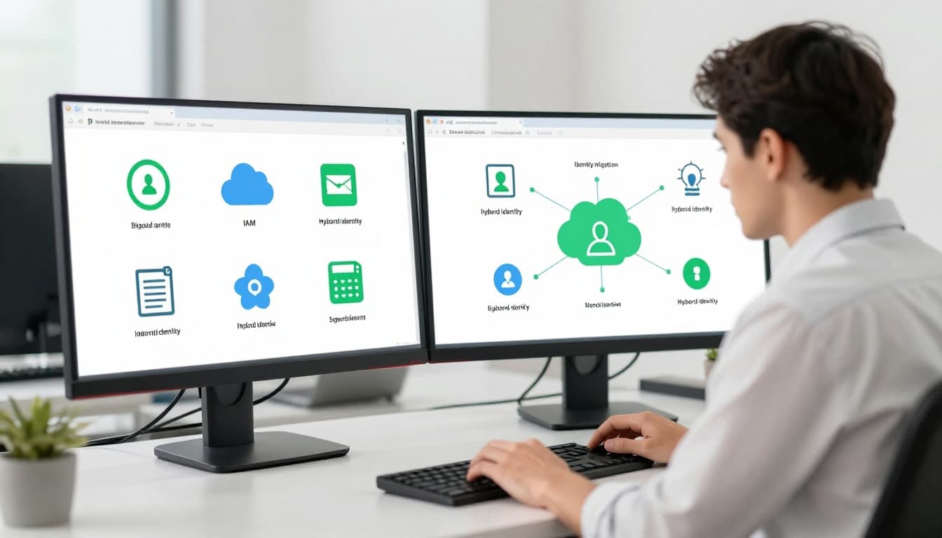 Modern illustration of a security engineer at a desk reviewing identity migration diagrams on dual monitors, surrounded by icons for cloud IAM, hybrid identity, and access controls in a clean office setting.