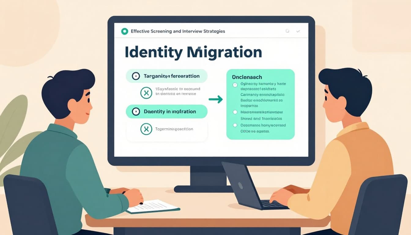 Modern illustration showing an interview scene with a hiring manager and security engineer candidate discussing identity federation charts on a shared screen. Conference room setting, side-by-side composition, professional atmosphere, warm lighting. Exactly two people, hands relaxed on table, no devices in hands, no text, no logos, no watermarks, use #22C55E for chart highlights.