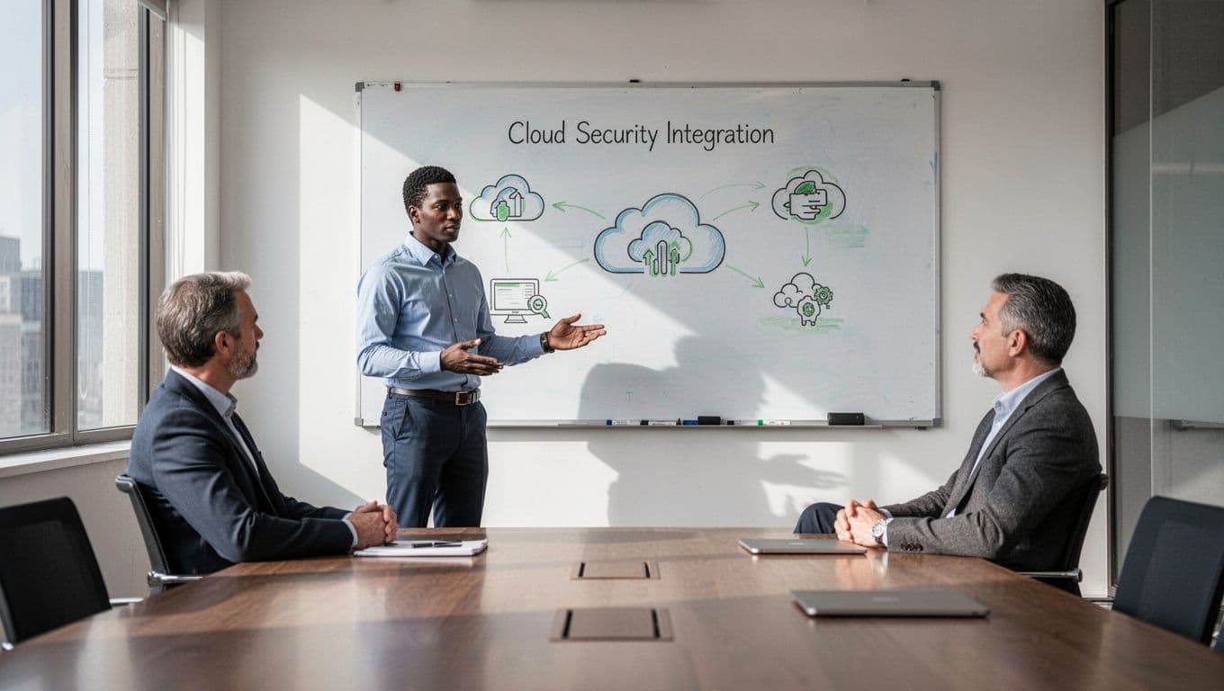 Modern illustration in conference room: security engineer candidate presents to two executives on whiteboard about post-acquisition cloud security integration and vulnerability management. Exactly three people total, relaxed poses, whiteboard with simple diagrams no text. Clean shapes, controlled colors with #22C55E accents on secure icons, strong composition, natural window lighting, no extra people or objects.