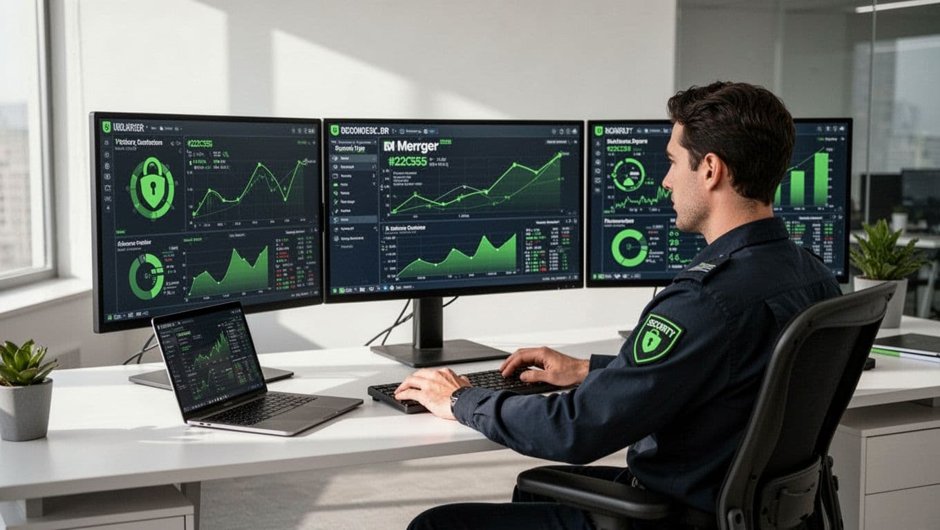 Modern illustration of a security engineer focused at a desk with laptop and two monitors displaying cloud architecture mergers, vulnerability scans, and identity access maps in a bright office.