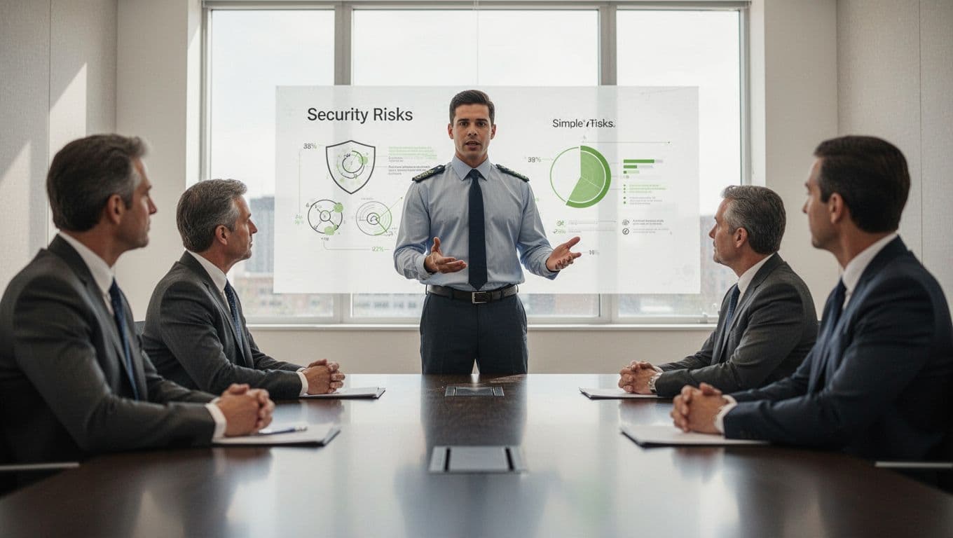 A security engineer in a modern meeting room discusses M&A security risks with executives around a table, presenting a simple chart with green accents.