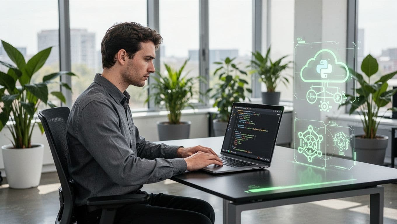 Modern illustration of a security engineer at a desk coding a Python automation script on a laptop, with nearby icons for Terraform and SOAR platforms. Single focused person in a modern office with plants and natural lighting, hands loosely on keyboard.