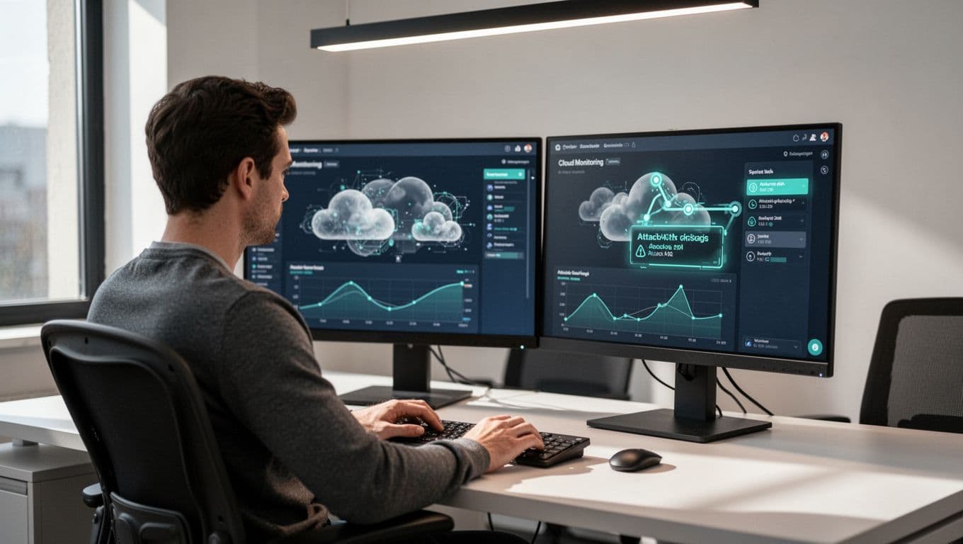 Security engineer at desk reviews dual-monitor cloud dashboard highlighting red attack path alert.