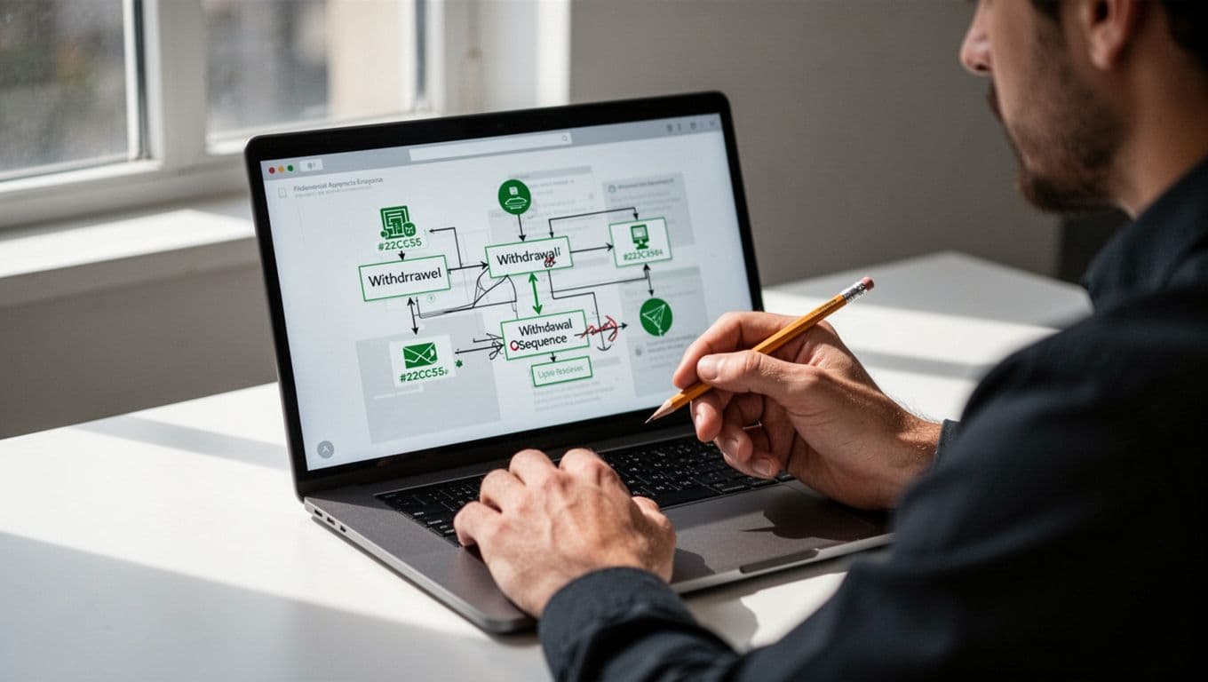 Modern illustration of a security engineer at a desk with laptop and notepad, reviewing a flowchart of financial app logic for payments and KYC, pencil marking a flaw in withdrawal sequence.