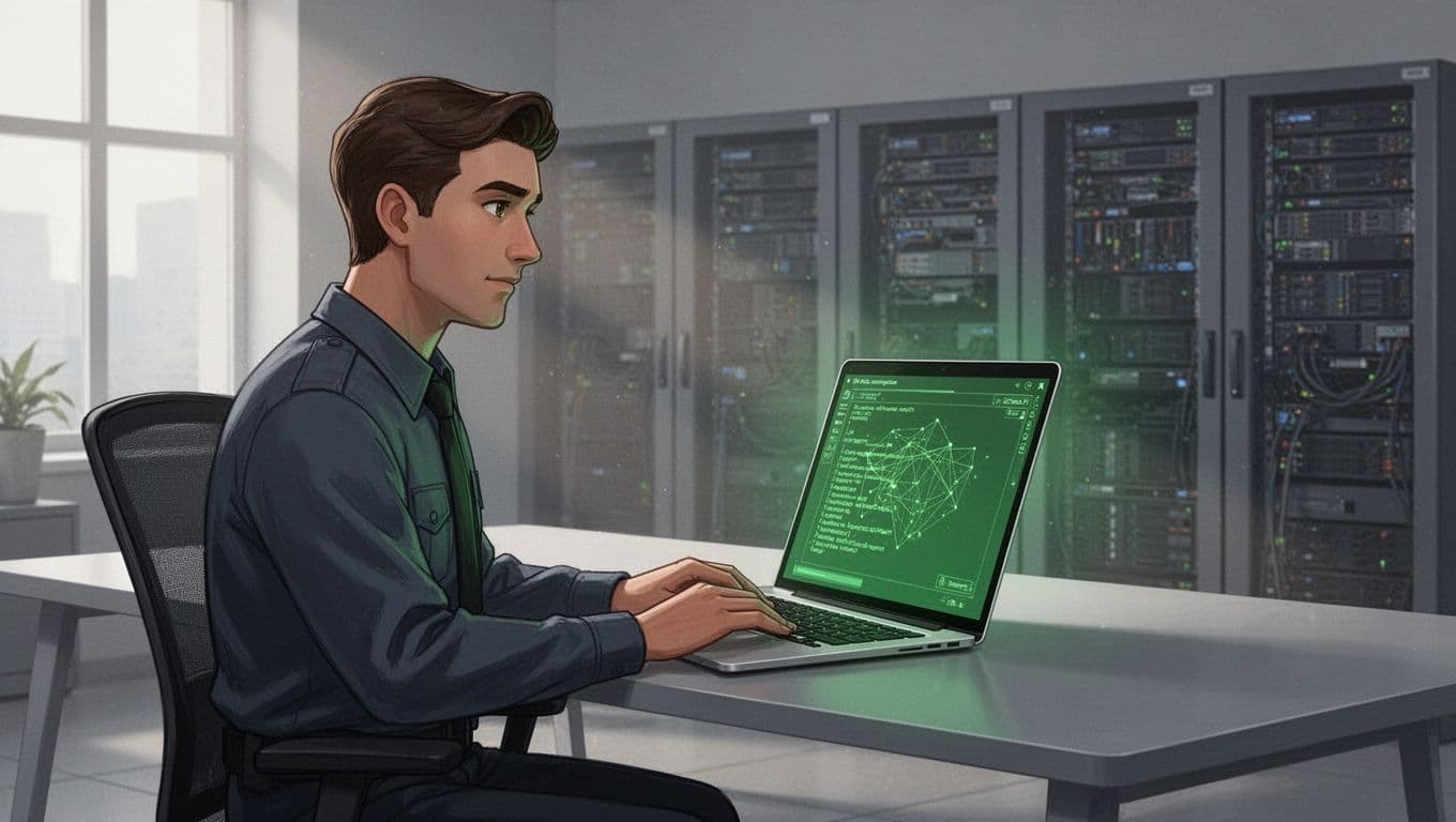Security engineer at desk reviews VPN config on laptop screen with thoughtful expression, servers in background.