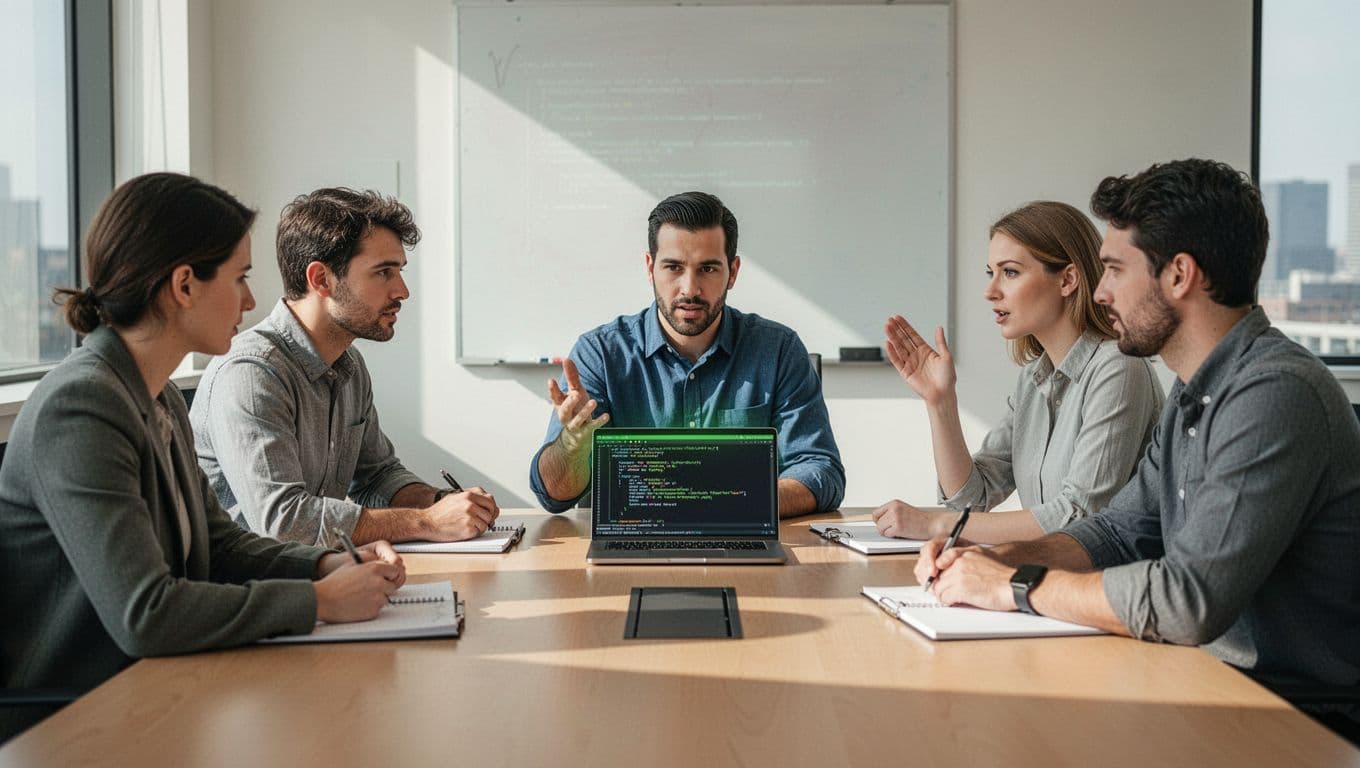 Modern illustration of a security engineer demonstrating secure code to a diverse team of developers and IT staff in a bright conference room during a hands-on training session.