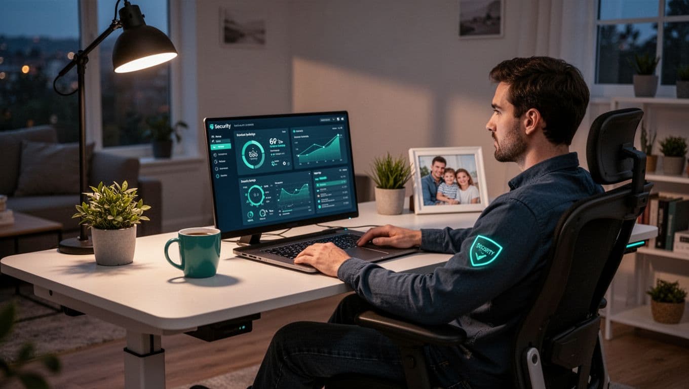 Modern illustration of a security engineer in a relaxed pose at an ergonomic desk in a cozy home office evening light, featuring laptop with security dashboard, coffee mug, plant, and family photo frame suggesting healthy work-life balance.