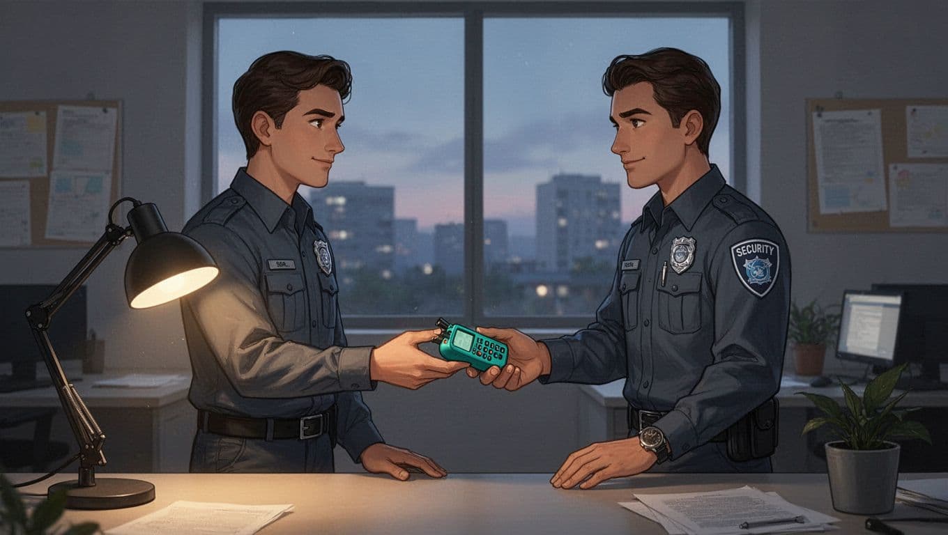 Two security engineers hand off a green pager during shift change in a casual office under warm desk lamp light.
