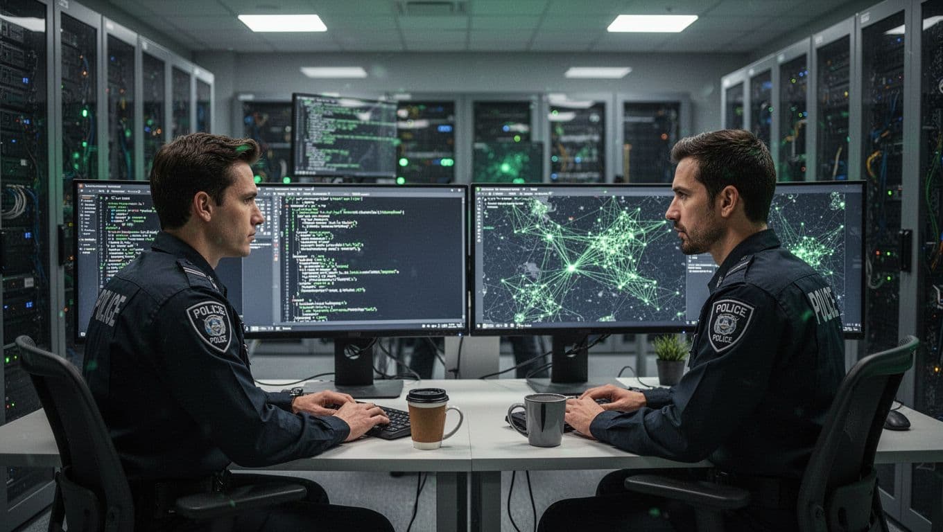 Modern illustration of exactly two security engineers in a clean SOC room collaborating over dual monitors displaying code snippets and network threat maps, with coffee mugs and server racks in the background.