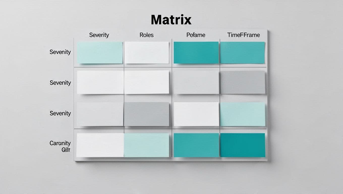 Modern illustration of a clean grid matrix chart for security escalation with four severity levels P1 to P4, columns for roles like Analyst, Manager, Exec, and timelines such as 15min/1hr, featuring empty cells with abstract placeholders on a white background.