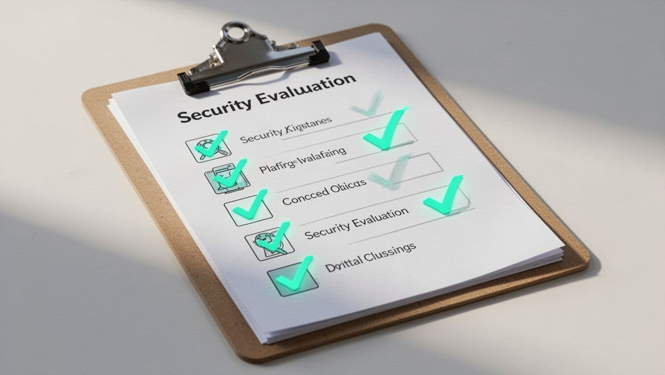 Modern illustration featuring a clipboard with a checklist or rubric marked with checkmarks for security evaluation criteria like technical skills and communication, using simple icons, strong composition, soft lighting, and green accents on checkmarks.