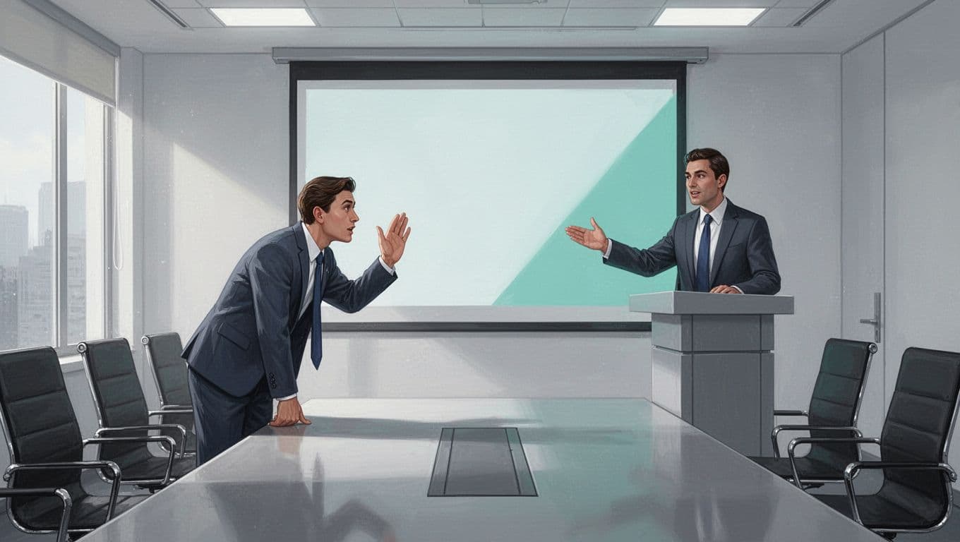 Modern illustration of a security team member gesturing and asking a question during a vendor demo, with a presenter at the podium and a projected screen in a conference room.