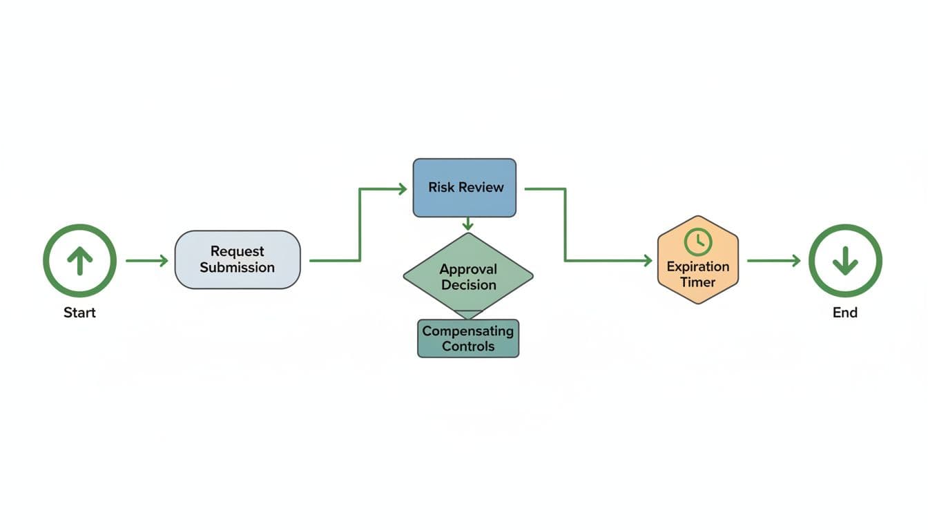 Simple icon-based flowchart shows exception approval steps: start, submission, risk review, decision with controls, timer, end.