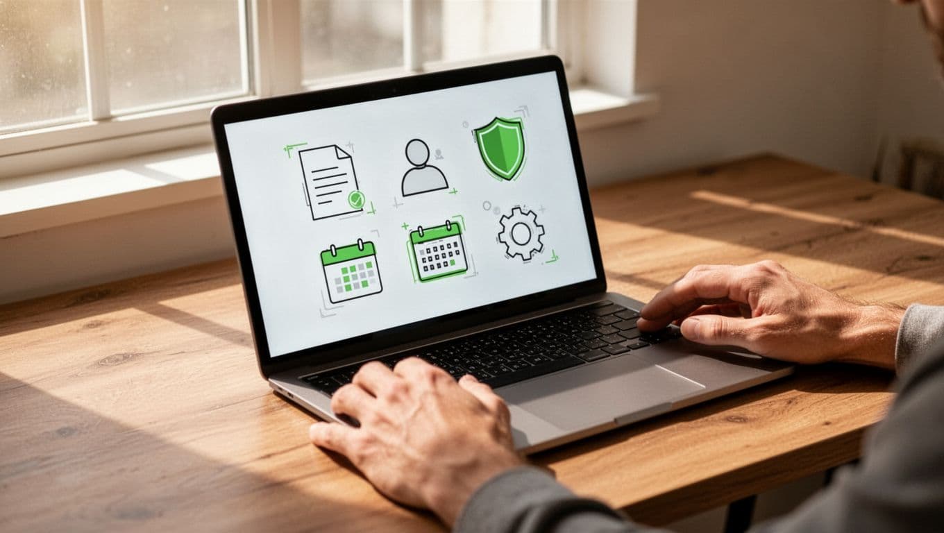 Laptop screen on desk displays icon-based security exception request form with green-accented icons.