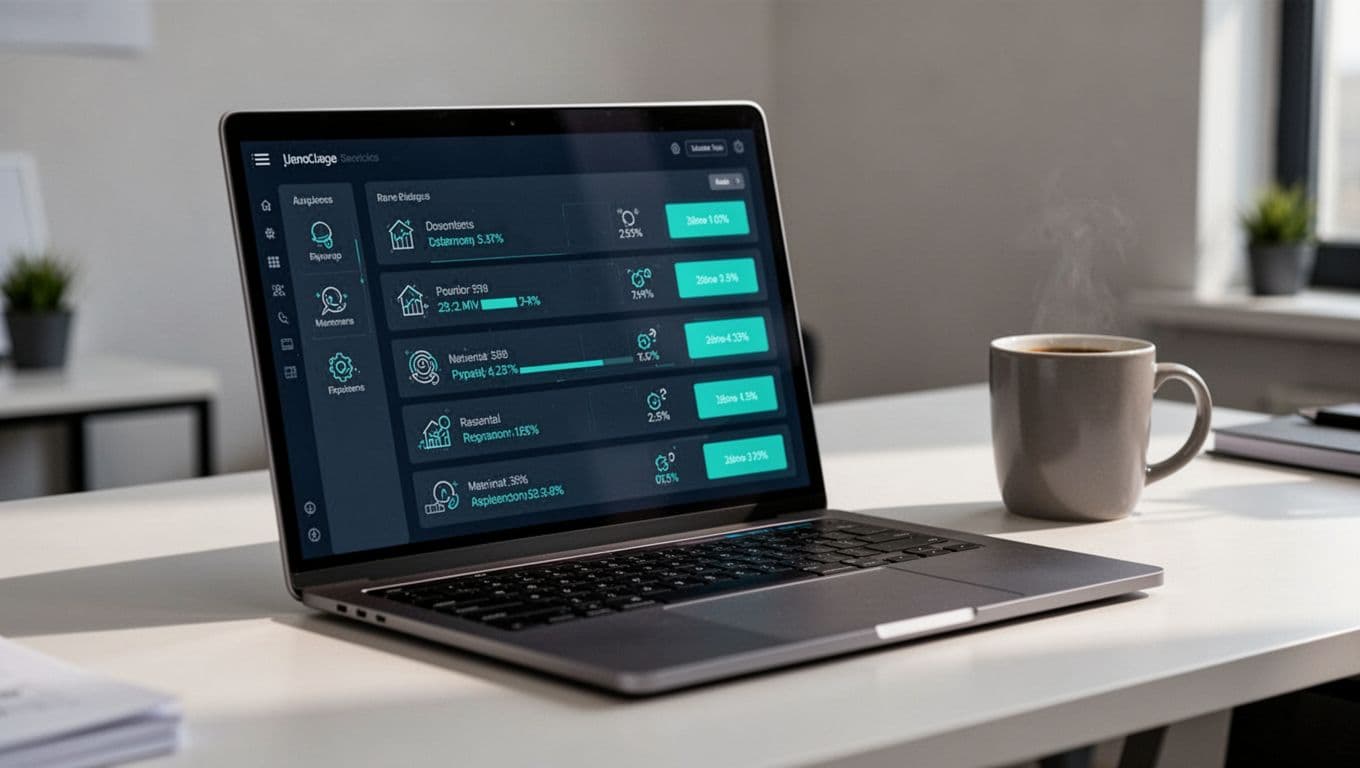 Modern illustration of a simple security exception log table dashboard on a laptop screen in a clean workspace with coffee mug. Features columns for exception ID, risk owner, renewal date, and status icons with green highlights.