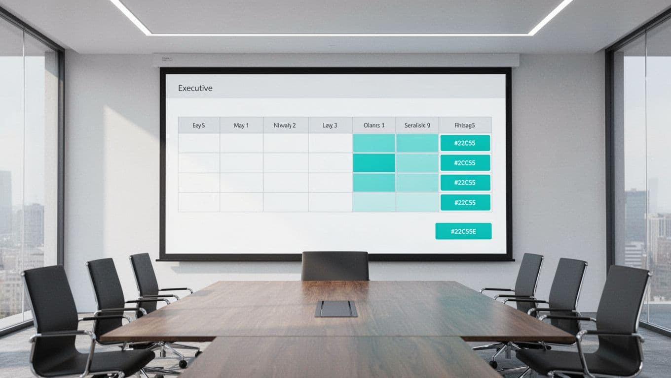 Large office monitor displays simple security exception table with columns for ID, risk, owner, status, and expiration in modern conference room.