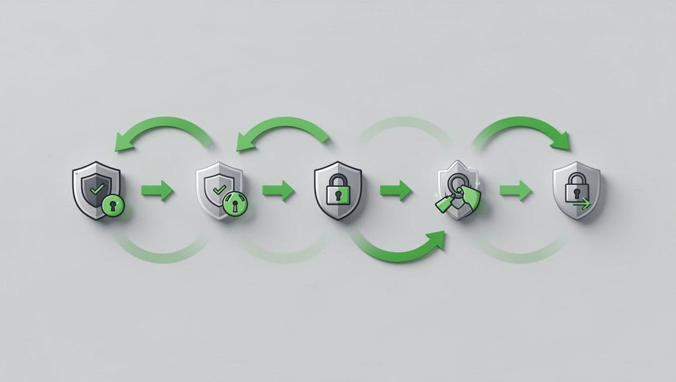 Horizontal diagram with icons for request form, security review, leadership approval, monitoring calendar, and closure, connected by green-accented arrows on neutral background.