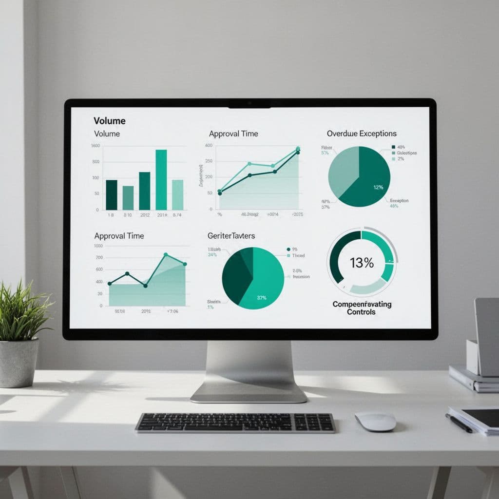 Monitor on office desk shows bar chart for volume, line graph for approval time, pie chart for overdue exceptions, and gauge for compensating controls.